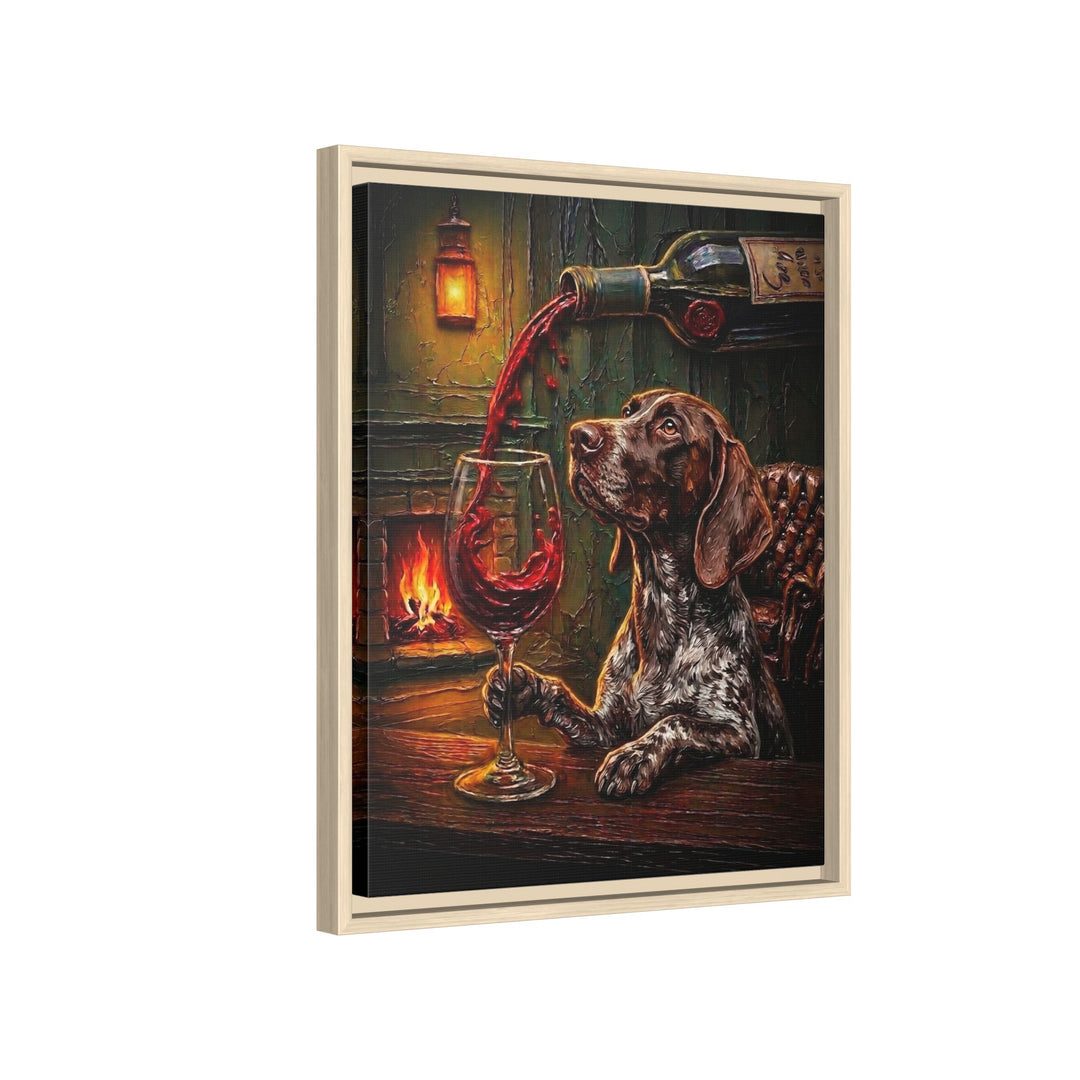 "Wine & Woof" - German Shorthaired Pointer Vertical Framed Canvas - Dog Lover Wall Art