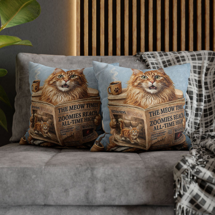 "Morning Business" - Fluffy Orange Longhair Throw Pillow - Cat Lover Home Decor