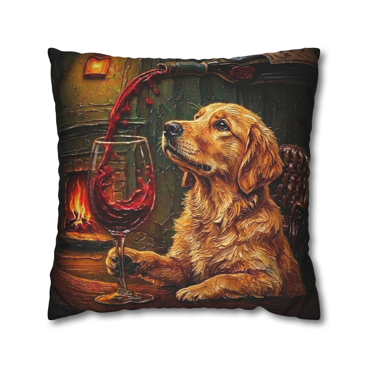 "Wine & Woof" - Golden Retriever Throw Pillow - Dog Lover Home Decor
