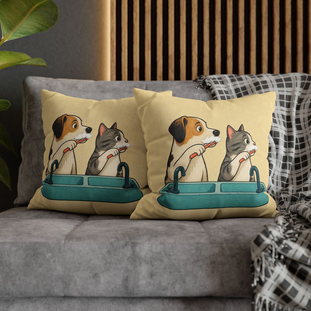 Team Toothbrush – Funny Bathroom Art with a Dog and Cat at the Sink – Pillow / Cover