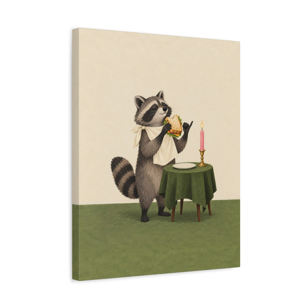 Gourmet Bandit – Raccoon Wall Art with a Candlelit Stolen Sandwich – Canvas / Framed Canvas