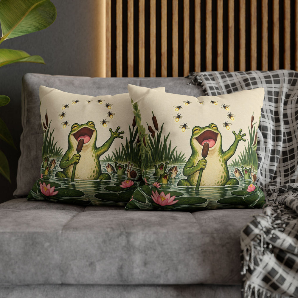 Pond Karaoke – Frog Art with a Reed Microphone and Fireflies – Pillow / Cover