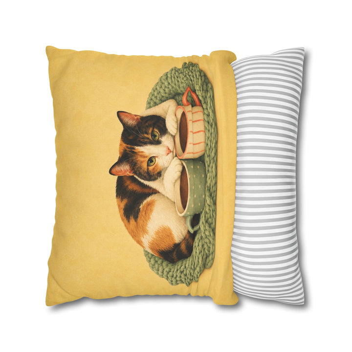 Cat Mom Club – Cat Mom Art with a Knit Blanket and Two Mugs – Pillow / Cover