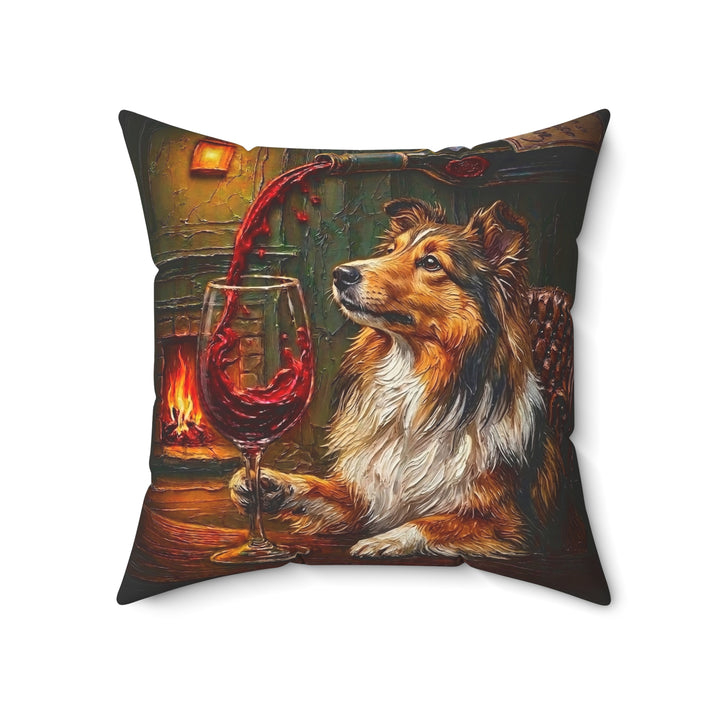 "Wine & Woof" - Shetland Sheepdog Throw Pillow - Dog Lover Home Decor