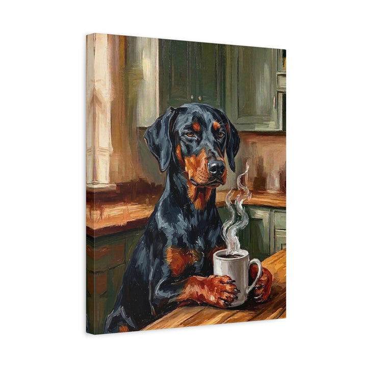 "Before Coffee" - Doberman Vertical Canvas - Dog Lover Wall Art