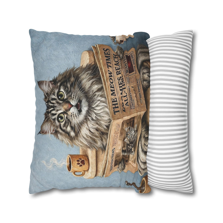 "Morning Business" - Fluffy Tabby Longhair Throw Pillow - Cat Lover Home Decor