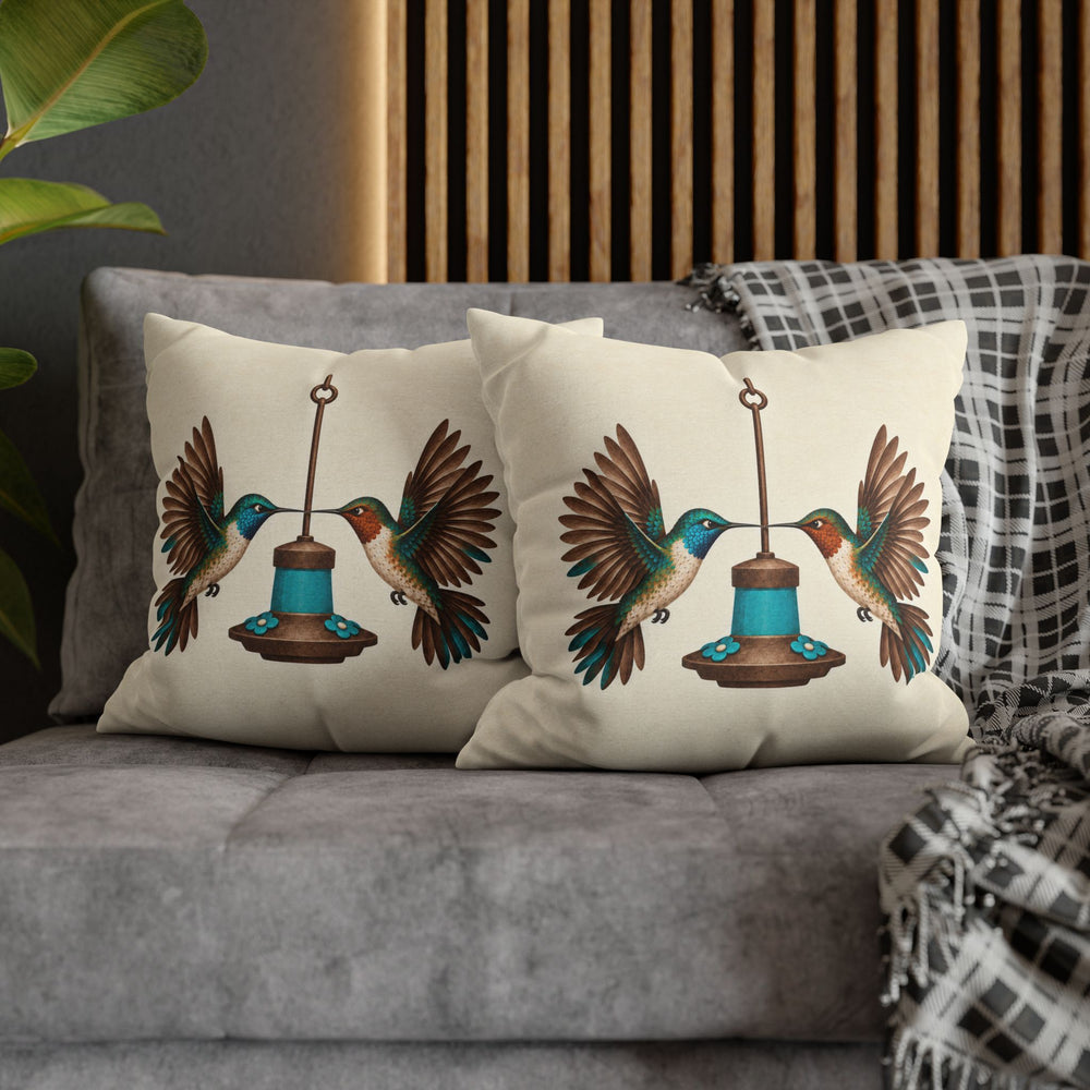 Hummingbird Standoff – Hummingbird Art with Two Hovering at One Feeder – Pillow / Cover