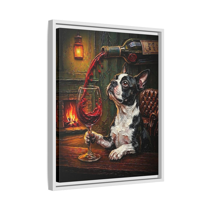 "Wine & Woof" - Boston Terrier Vertical Framed Canvas - Dog Lover Wall Art