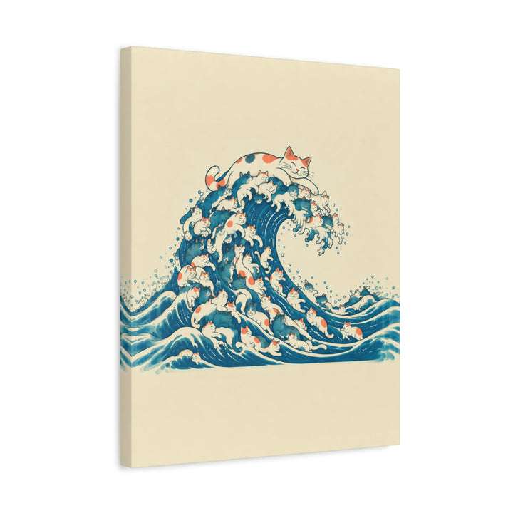 The Great Wave of Fur – Whimsical Wall Art with a Woodblock Swell of Cats – Canvas / Framed Canvas