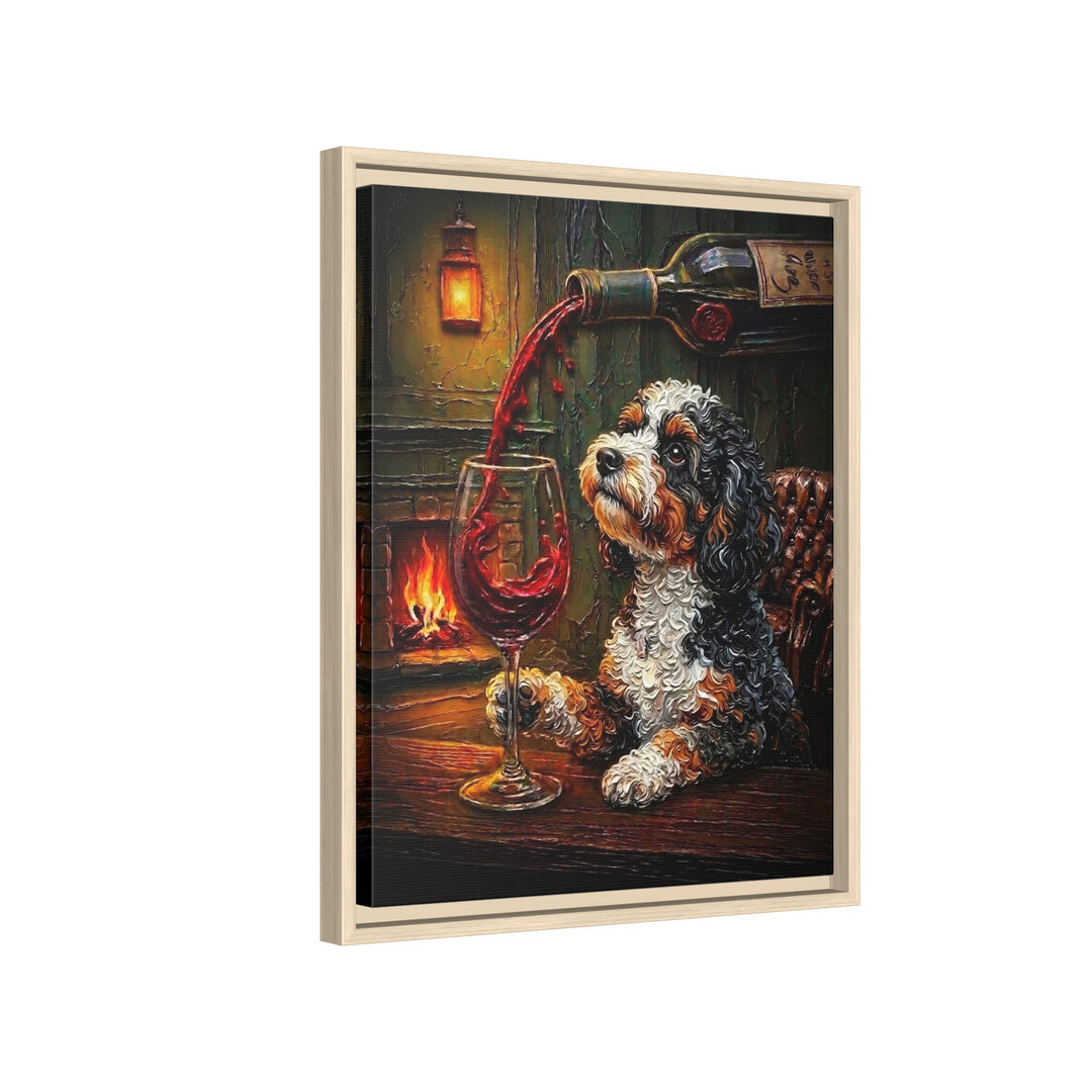 "Wine & Woof" - Bichon Frise Vertical Framed Canvas - Dog Lover Wall Art