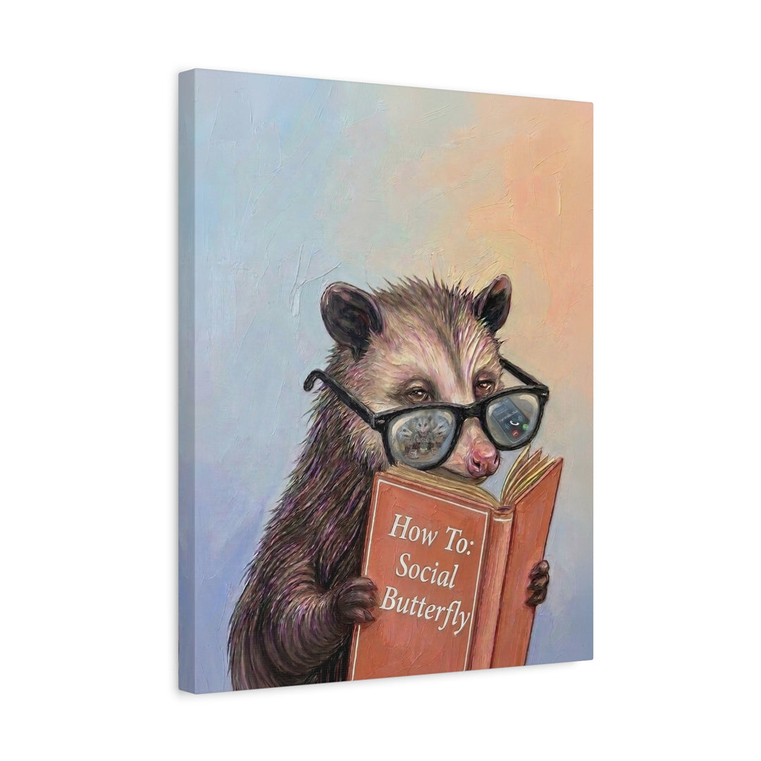"How To Social Butterfly" - Opossum Vertical Canvas - Animal Book Humor Wall Art