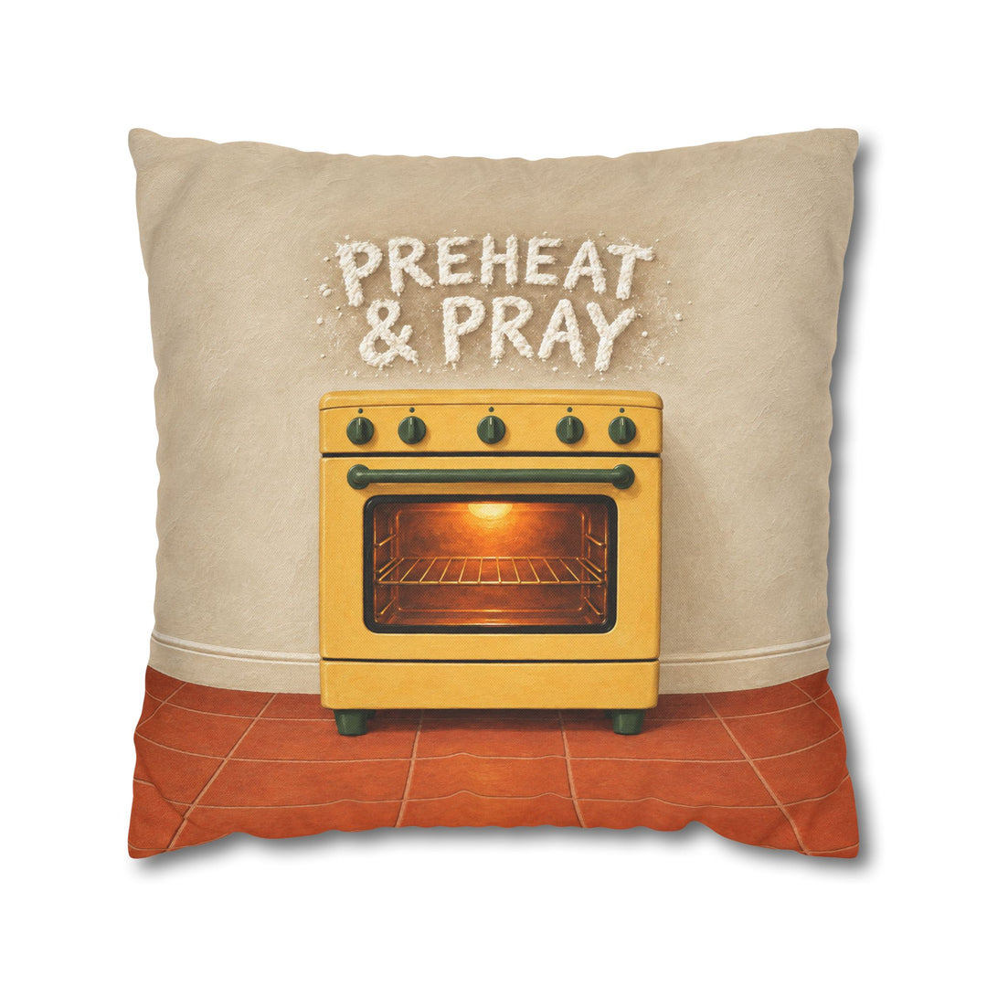 Preheat & Pray – Kitchen Wall Art with Flour Dusted Oven Lettering – Pillow / Cover