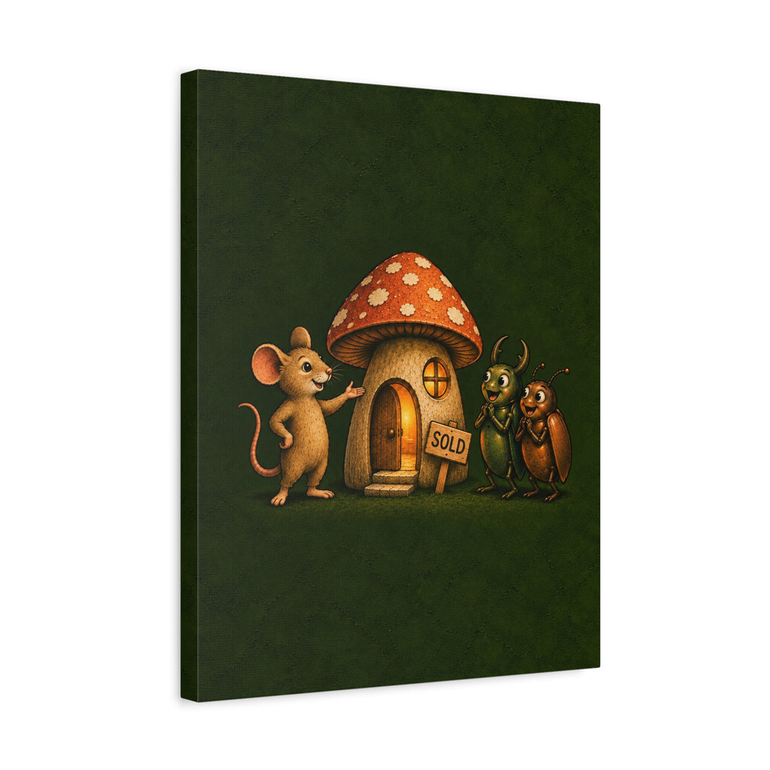 Mushroom Real Estate – Funny Mouse Art with a Realtor and a Hollow Home – Canvas / Framed Canvas