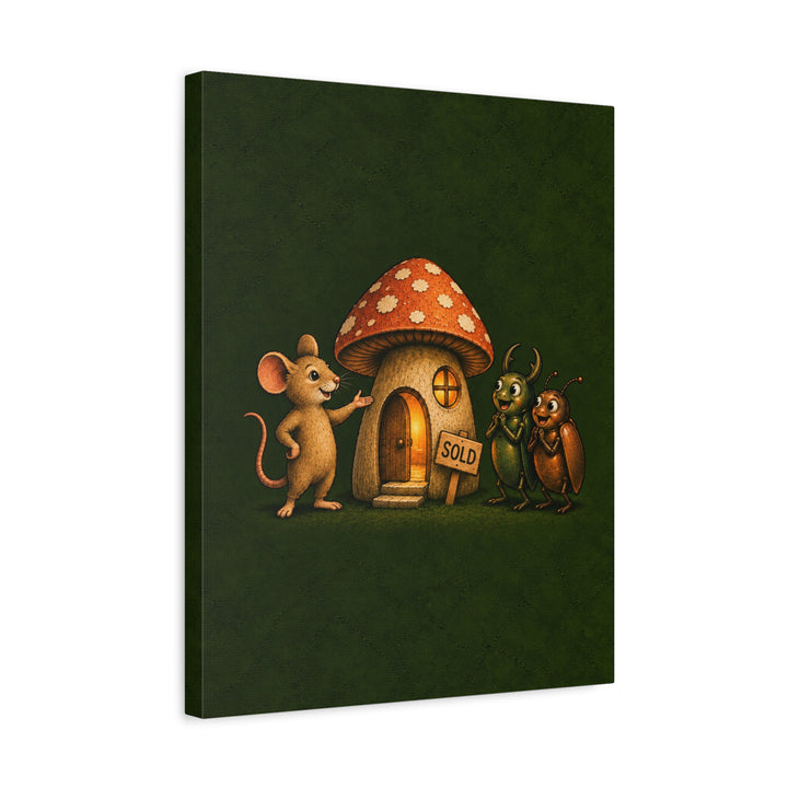 Mushroom Real Estate – Funny Mouse Art with a Realtor and a Hollow Home – Canvas / Framed Canvas