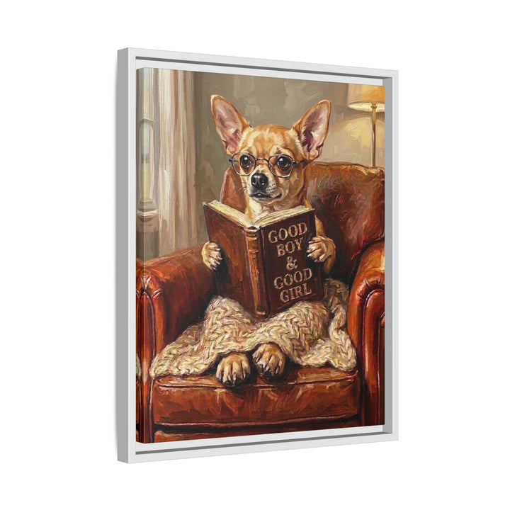 "Evening Read" - Chihuahua Vertical Framed Canvas - Dog Lover Wall Art