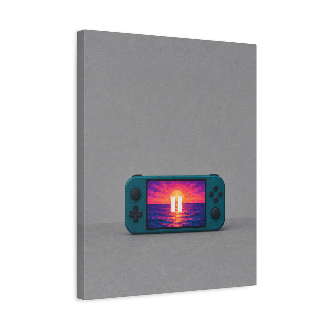 Pause Screen Sunset – Gaming Wall Art with a Pixel Horizon in Thick Squares – Canvas / Framed Canvas