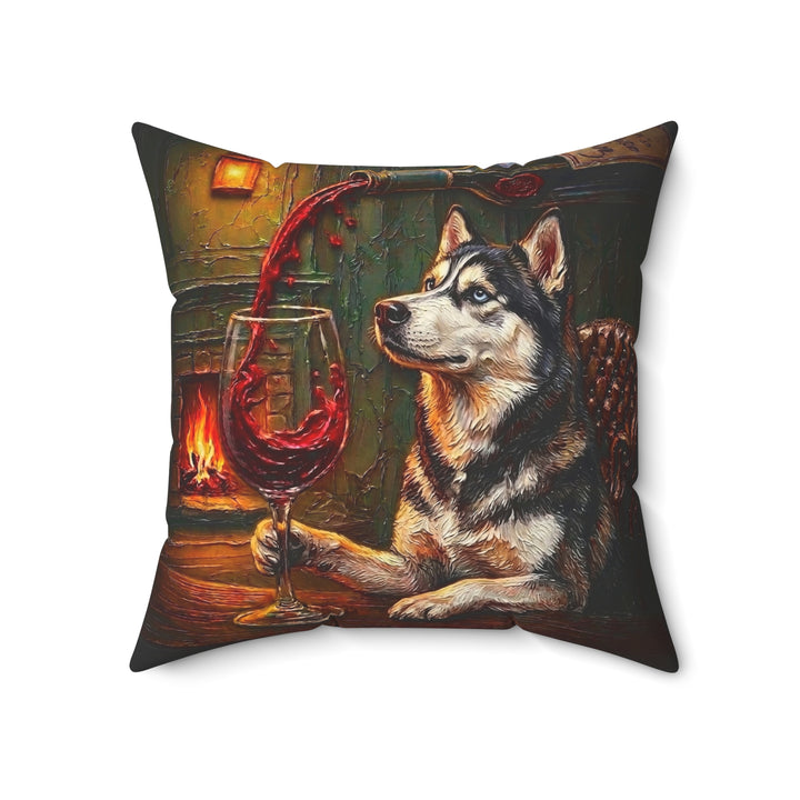 "Wine & Woof" - Husky Throw Pillow - Dog Lover Home Decor
