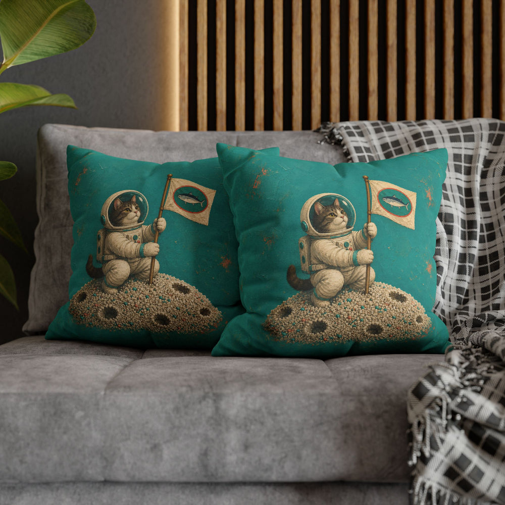 One Small Step – Whimsical Wall Art with an Astronaut Cat and a Flag – Pillow / Cover