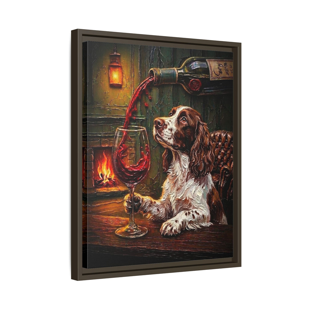 "Wine & Woof" - English Springer Spaniel Vertical Framed Canvas - Dog Lover Wall Art