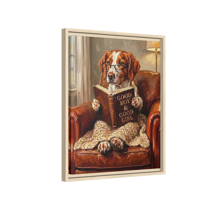 "Evening Read" - Brittany Spaniel Vertical Framed Canvas - Dog Lover Wall Art