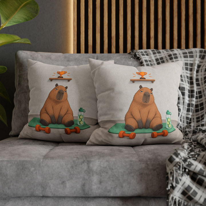 Rest Day Champion – Gym Decor with a Capybara Beside Untouched Weights – Pillow / Cover
