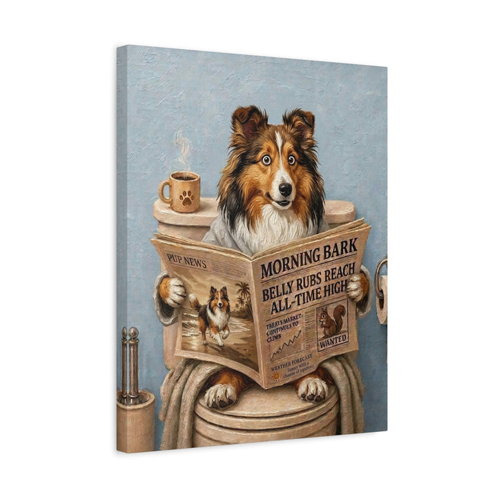 "Morning Business" - Shetland Sheepdog Vertical Canvas - Dog Lover Wall Art