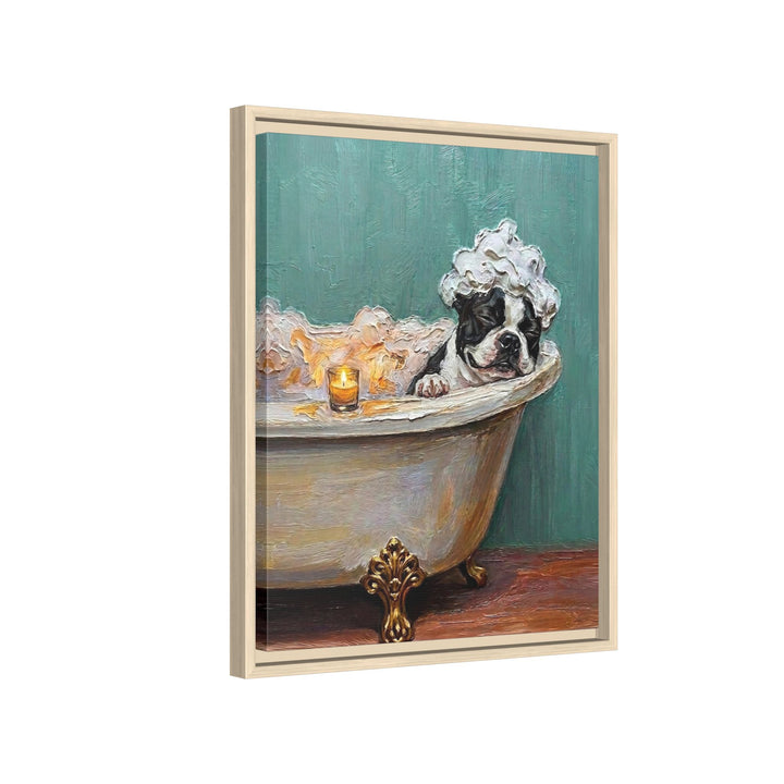 "Spa Day" - Boston Terrier Vertical Framed Canvas - Dog Lover Wall Art