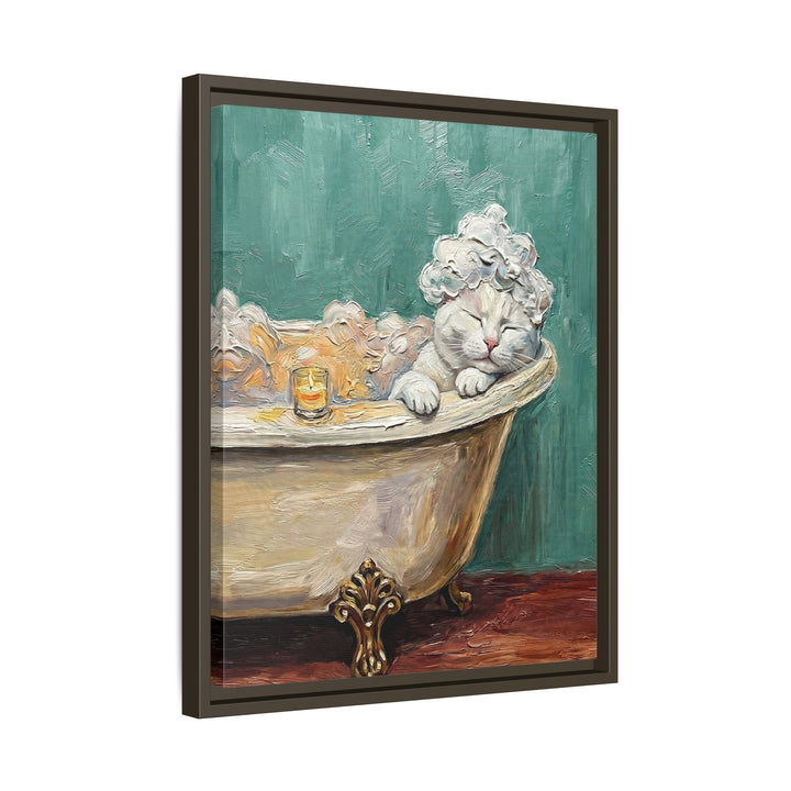 "Spa Day" - White Shorthair Vertical Framed Canvas - Cat Lover Wall Art