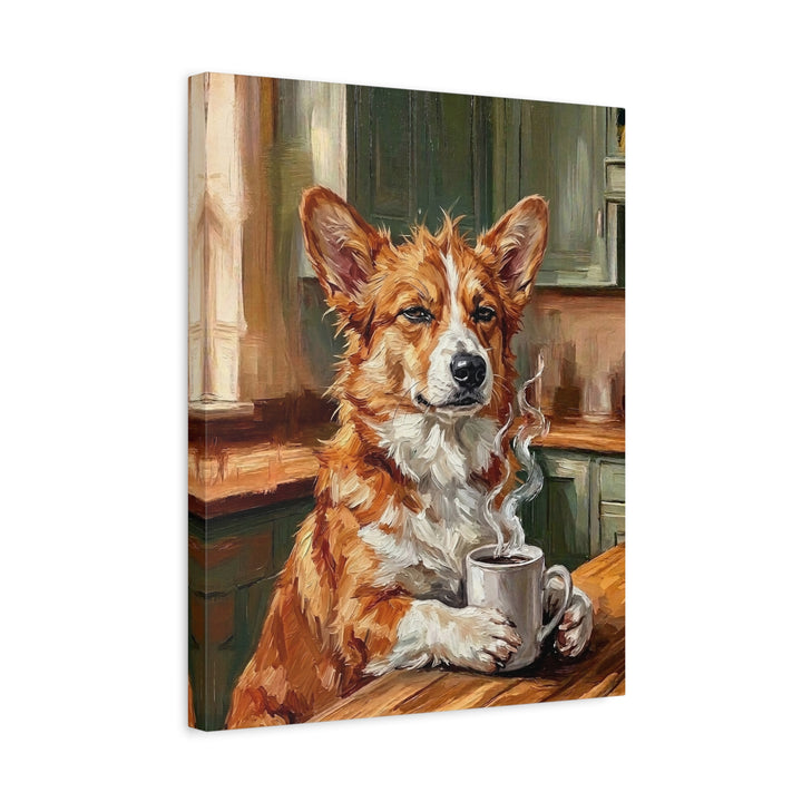 "Before Coffee" - Corgi Vertical Canvas - Dog Lover Wall Art