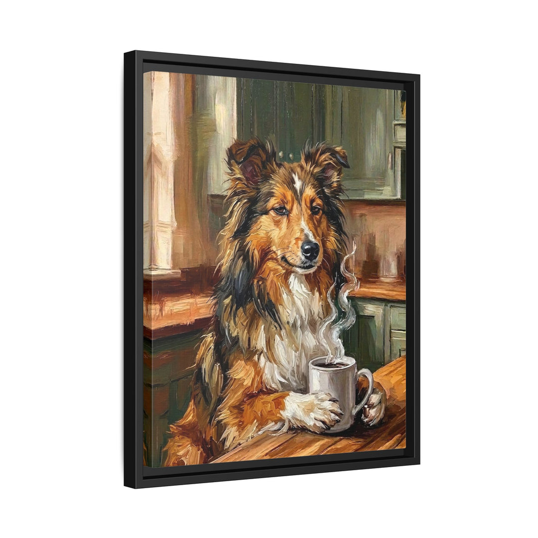 "Before Coffee" - Shetland Sheepdog Vertical Framed Canvas - Dog Lover Wall Art