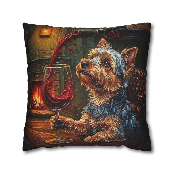 "Wine & Woof" - Yorkie Throw Pillow - Dog Lover Home Decor