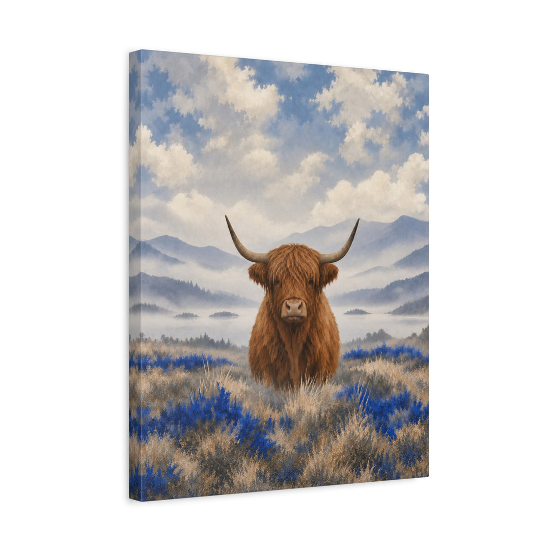 Morning Fog – Therapy Office Decor with a Highland Cow in Grey – Canvas / Framed Canvas