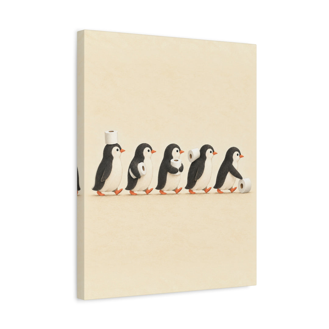 The Supply Chain – Cute Bathroom Art with Five Penguins in Profile – Canvas / Framed Canvas