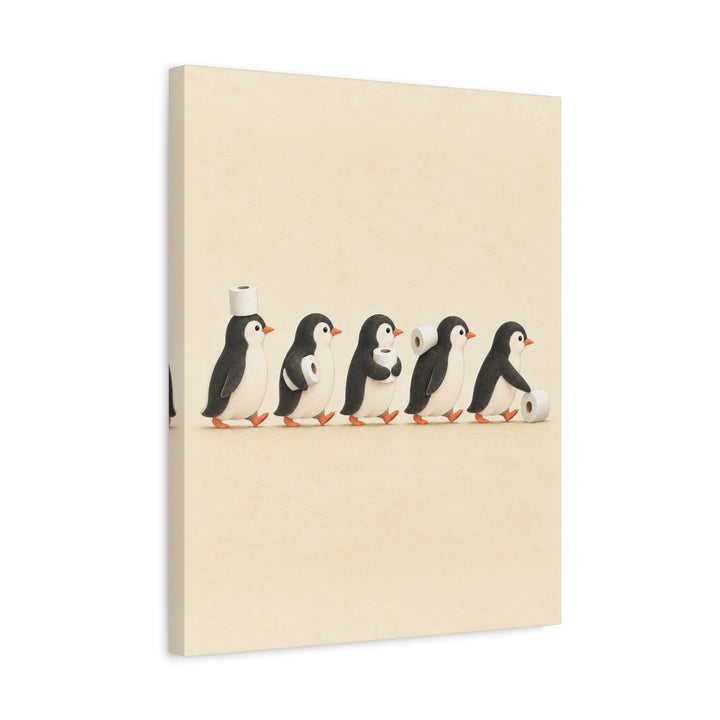 The Supply Chain – Cute Bathroom Art with Five Penguins in Profile – Canvas / Framed Canvas