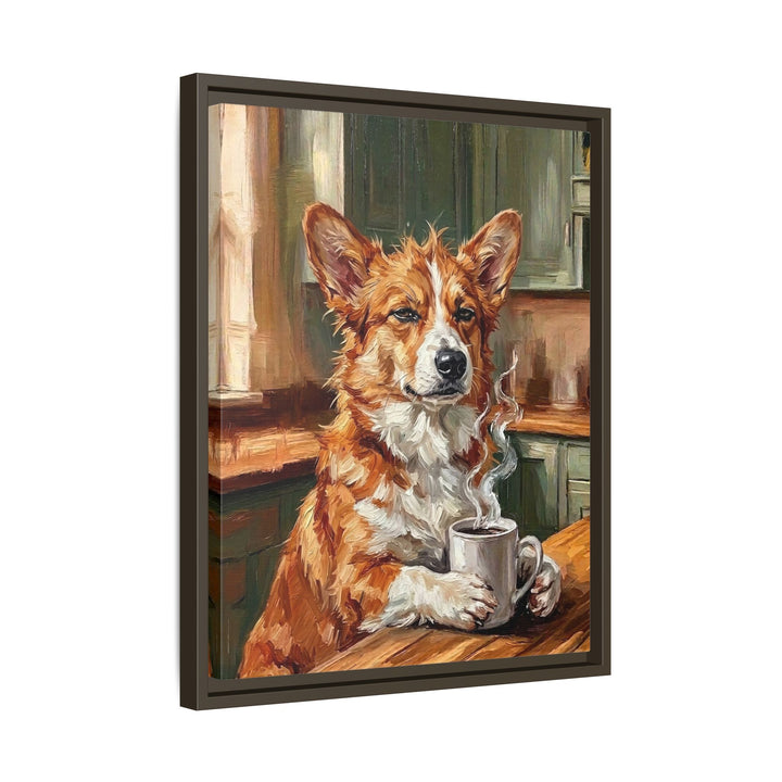 "Before Coffee" - Corgi Vertical Framed Canvas - Dog Lover Wall Art
