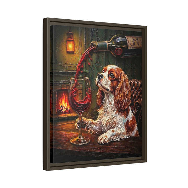 "Wine & Woof" - Cavalier King Charles Vertical Framed Canvas - Dog Lover Wall Art