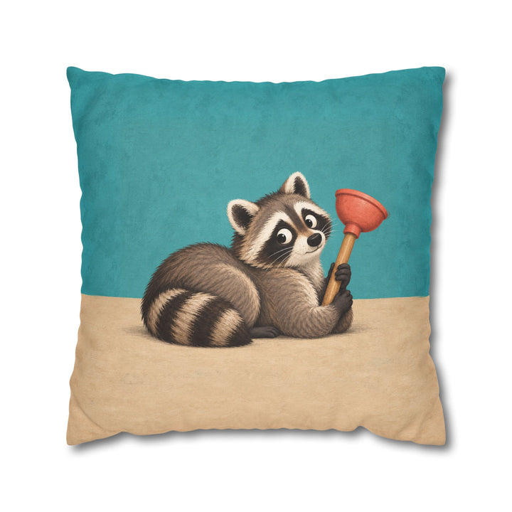 The Plunger Incident – Funny Bathroom Art with a Guilty Raccoon – Pillow / Cover