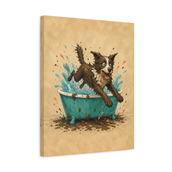 Mud Escape – Dog Bathroom Art with a Soapy Tub Getaway – Canvas / Framed Canvas
