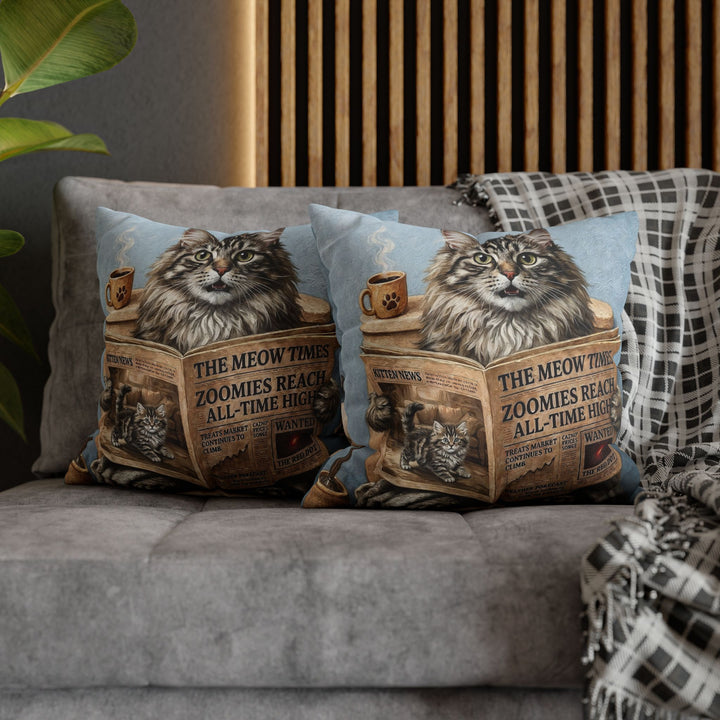 "Morning Business" - Fluffy Tabby Longhair Throw Pillow - Cat Lover Home Decor