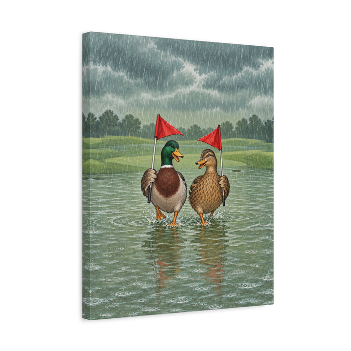Rain Delay – Golf Wall Art with Two Ducks on a Flooded Green – Canvas / Framed Canvas