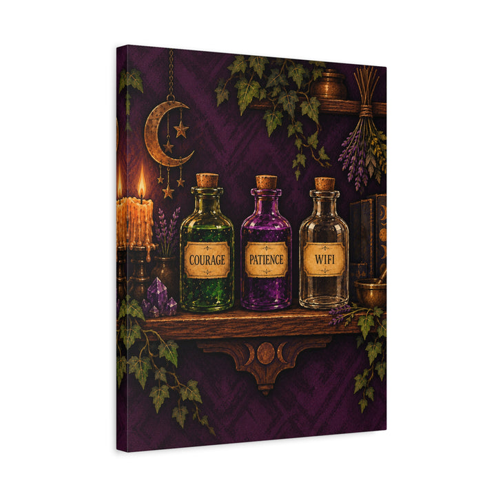The Potion Shelf – Witchy Wall Art with Labeled Apothecary Bottles – Canvas / Framed Canvas