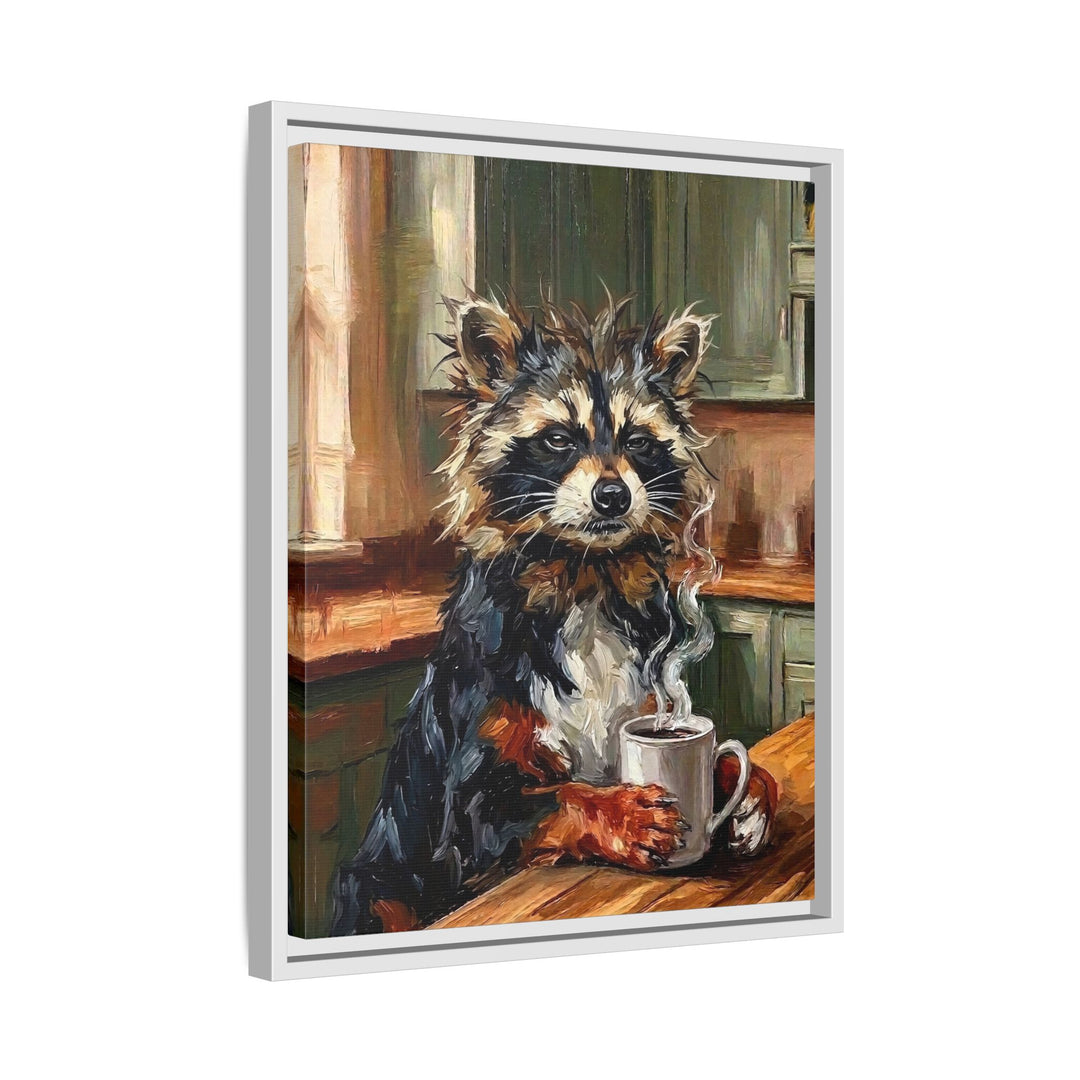 "Coffee & Silence" - Raccoon Vertical Framed Canvas - Spirit Animal Wall Art