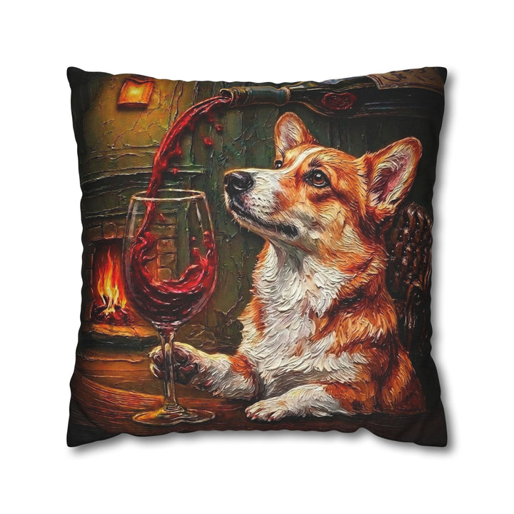 "Wine & Woof" - Corgi Pillow Cover - Dog Lover Home Decor