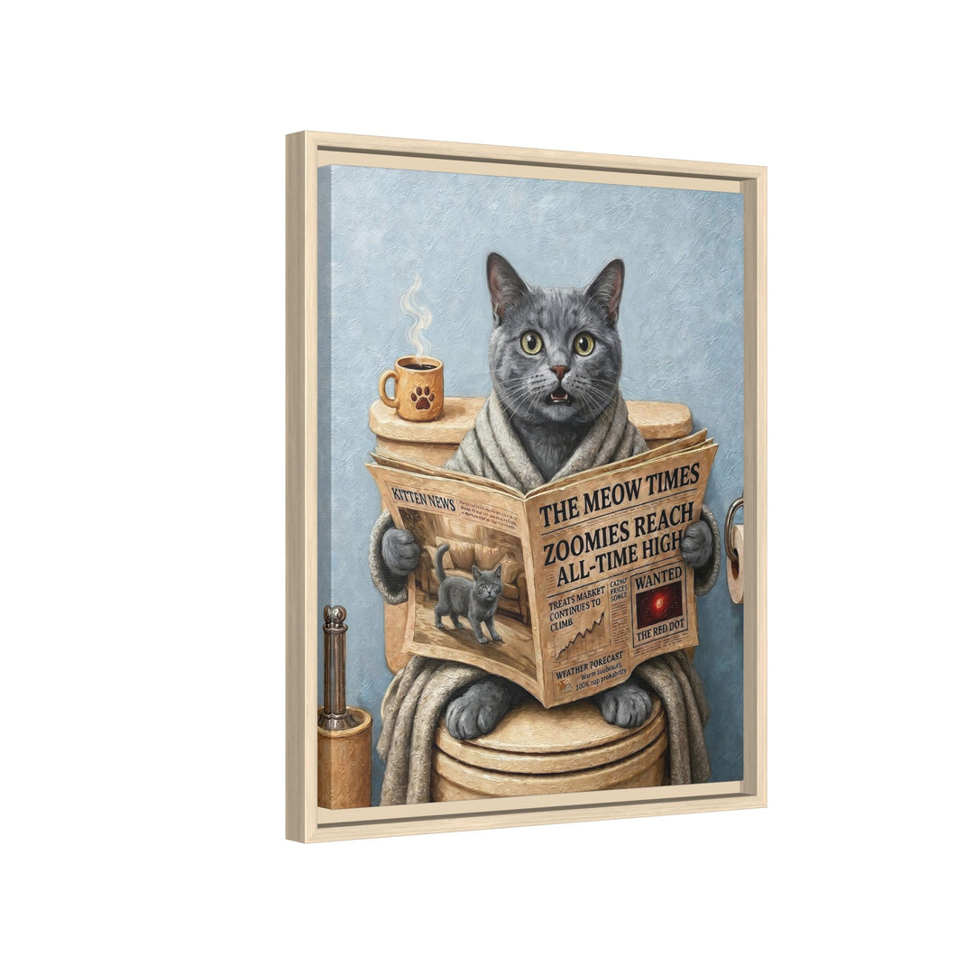 "Morning Business" - Solid Grey Vertical Framed Canvas - Cat Lover Wall Art