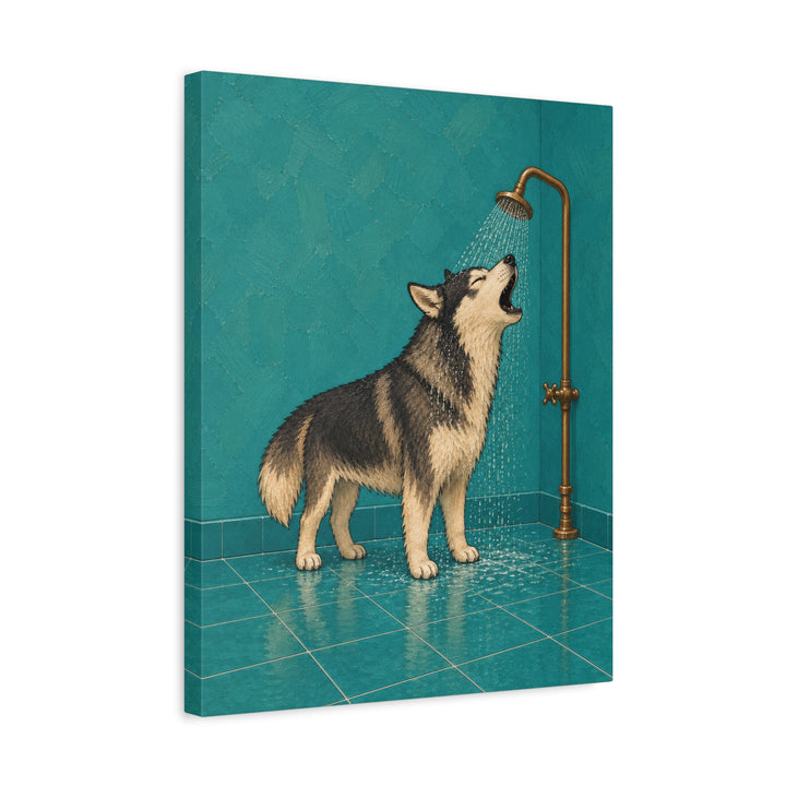 Shower Solo – Funny Bathroom Art with a Howling Husky – Canvas / Framed Canvas