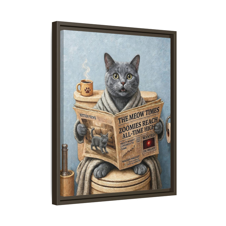 "Morning Business" - Solid Grey Vertical Framed Canvas - Cat Lover Wall Art