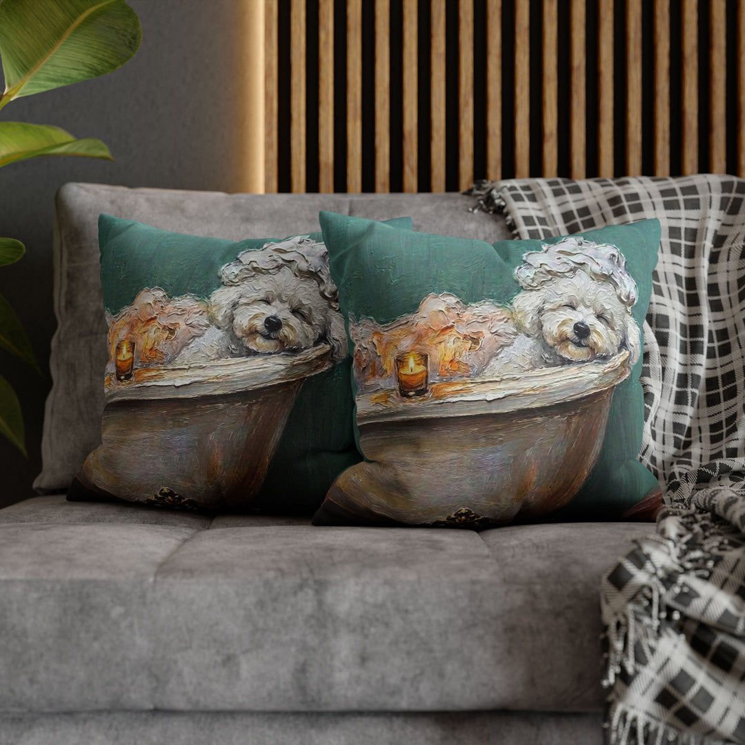 "Spa Day" - Bichon Frise Throw Pillow - Dog Lover Wall Art Home Decor