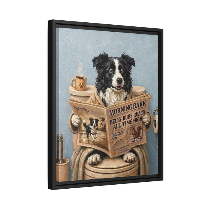 "Morning Business" - Border Collie Vertical Framed Canvas - Dog Lover Wall Art