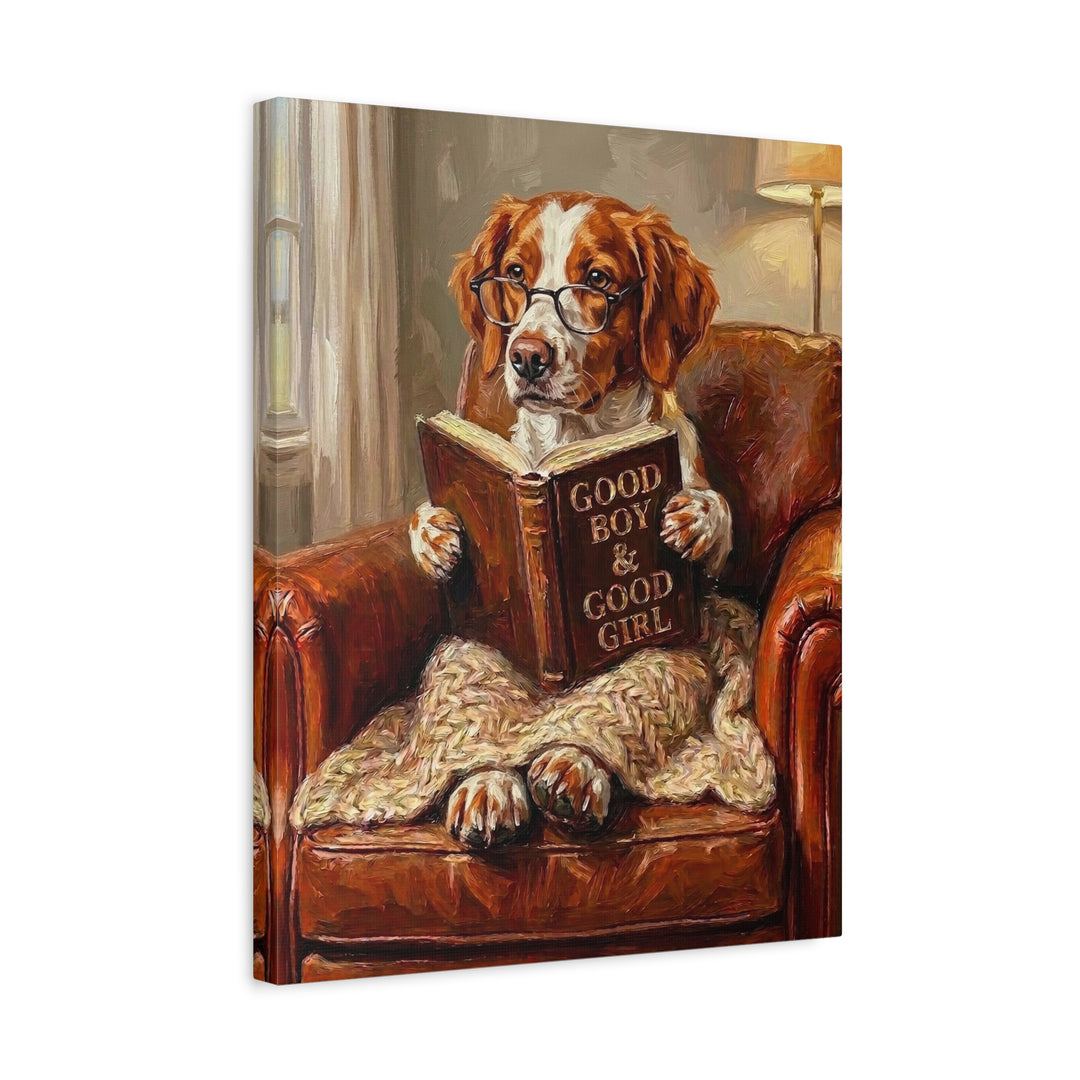 "Evening Read" - Brittany Spaniel Vertical Canvas - Dog Lover Wall Art