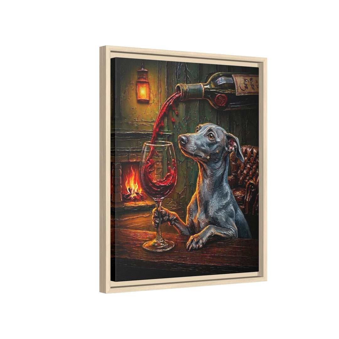 "Wine & Woof" - Italian Greyhound Vertical Framed Canvas - Dog Lover Wall Art